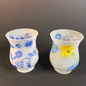 2 Folk Art Frosted Glass Candle Holders Blue and Yellow Floral